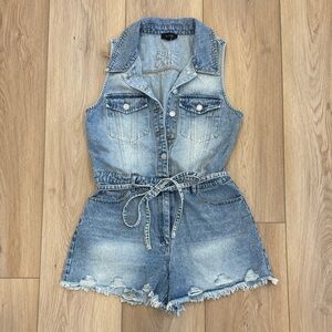 Vici Light Blue Denim Romper with Belt